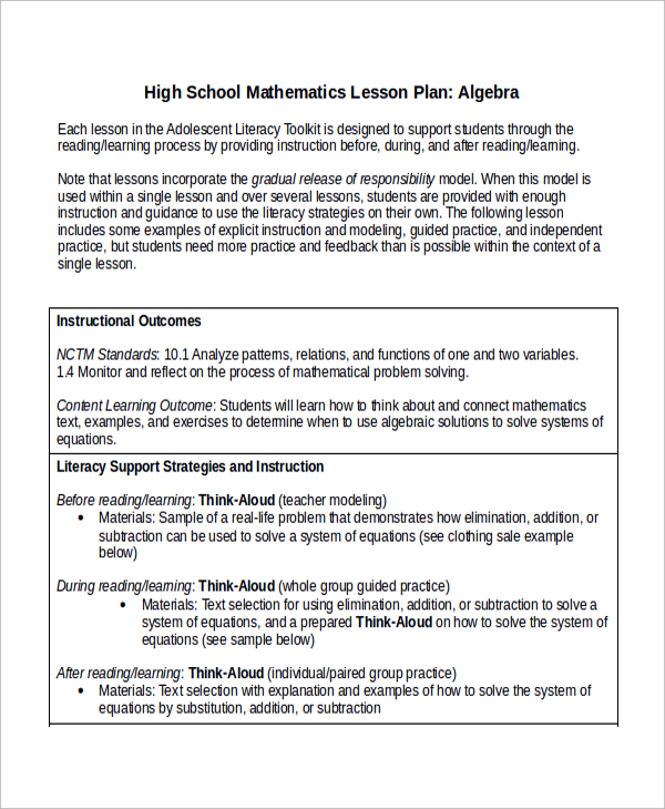 high school mathematics lesson plan instructional strategies